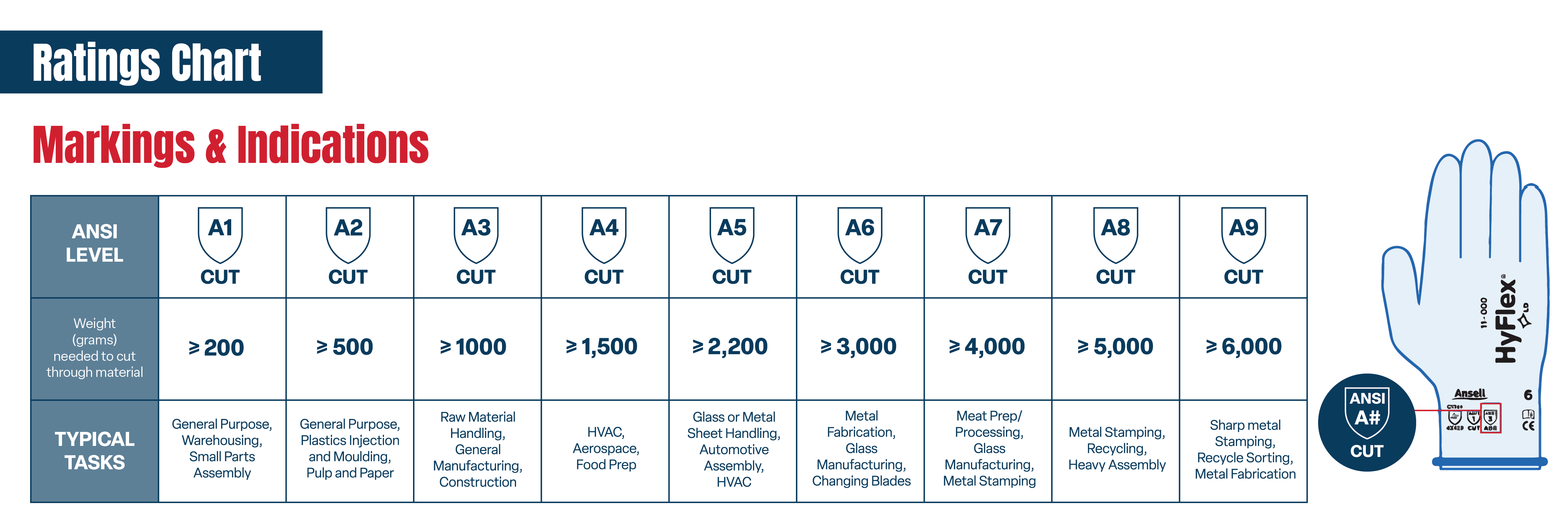 Chart outlining ANSI safety ratings for gloves. 